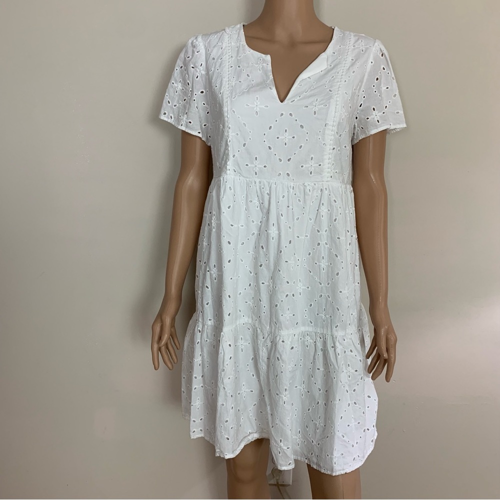 Women's KNOX ROSE White Cotton EYELET Tiered SUMMER Beach SUN DRESS  XS